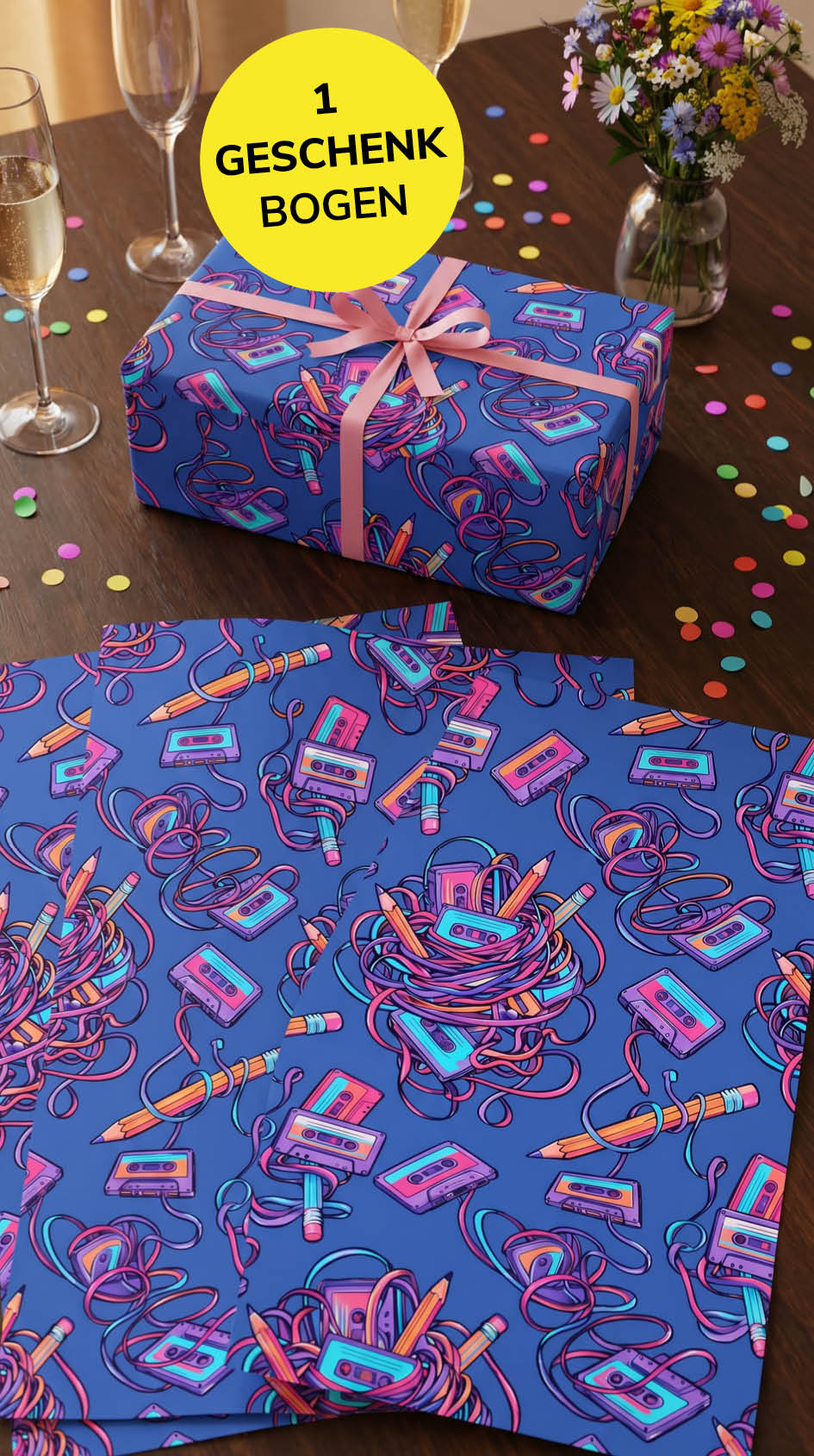 Lustiger Geschenkpapier Bogen Kassetten aufrollen - witziges Motiv zum Geburtstag